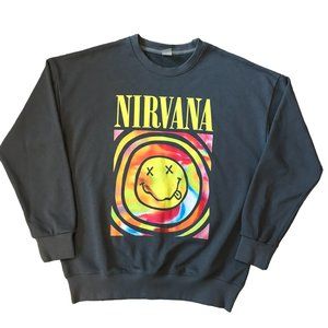 Nirvana Gray Smiley Face Overdyed Crewneck Sweatshirt Size L